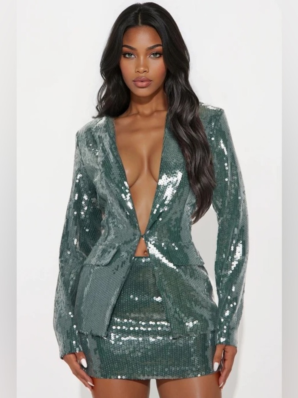New NWT Fashion Nova Hailey Sequin Blazer Mini Skirt Set Blazer Green Womens XL
